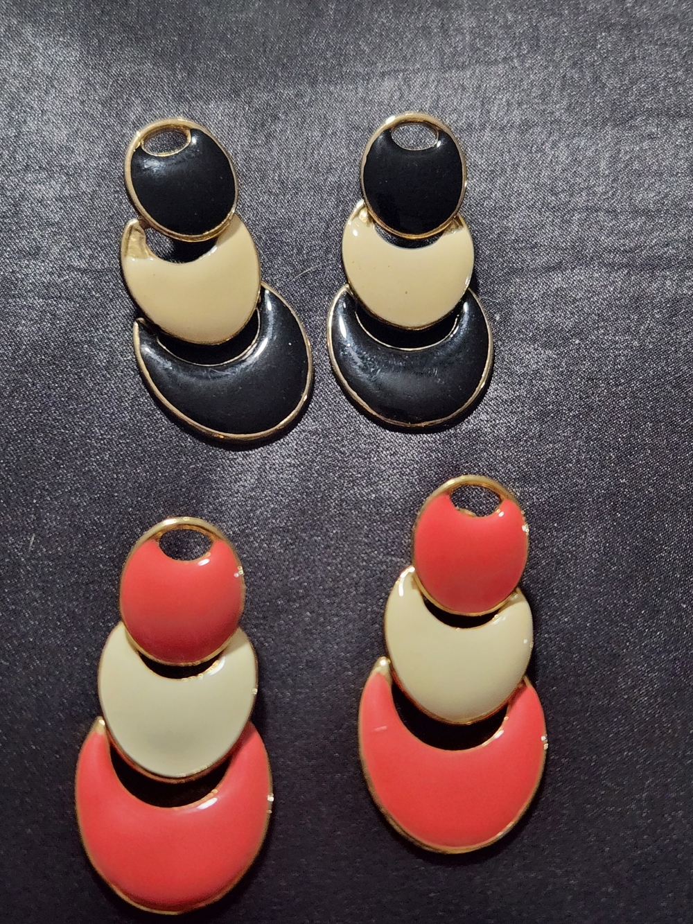 Women’s Triple Disc Drop Earrings in Black, Cream and Coral - Fashion Jewelry
